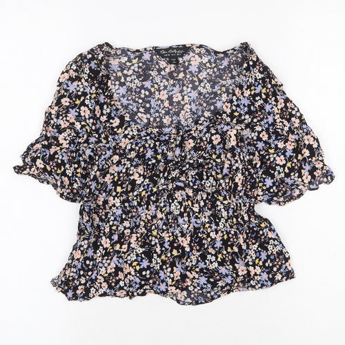 Miss Selfridge Womens Black Floral Viscose Basic Blouse Size 8 Scoop Neck