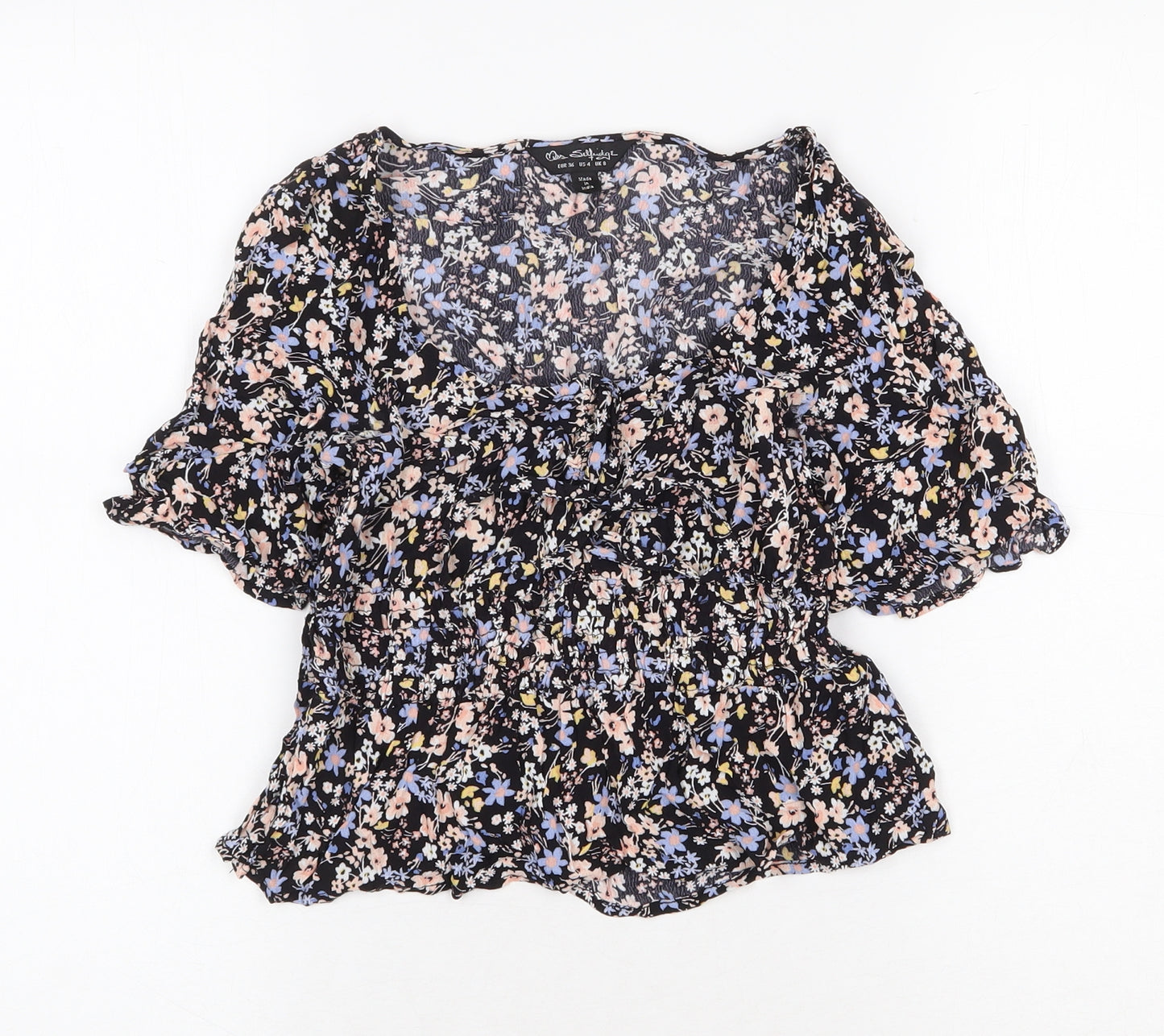 Miss Selfridge Womens Black Floral Viscose Basic Blouse Size 8 Scoop Neck