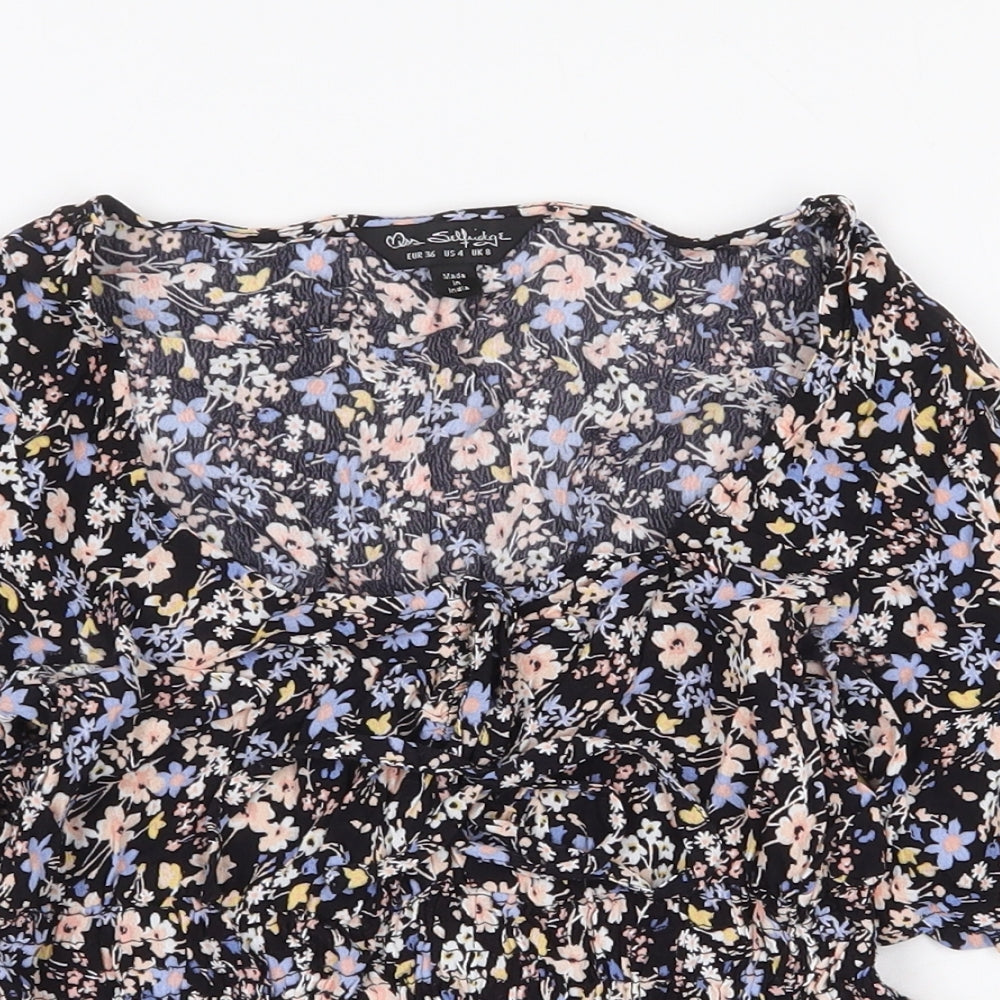 Miss Selfridge Womens Black Floral Viscose Basic Blouse Size 8 Scoop Neck