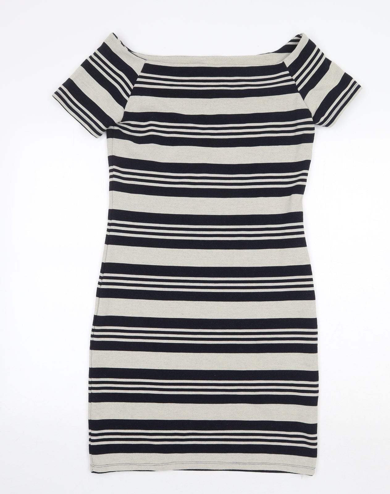 Topshop Womens Grey Striped Polyester Pencil Dress Size 14 Boat Neck Pullover