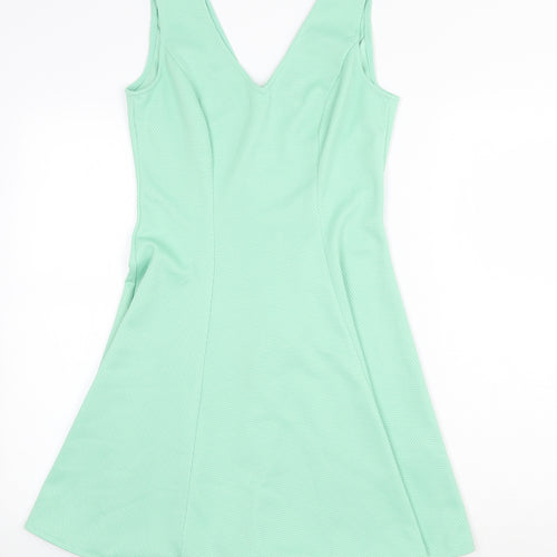 Tokyo Doll Womens Green Polyester Skater Dress Size 8 V-Neck Zip