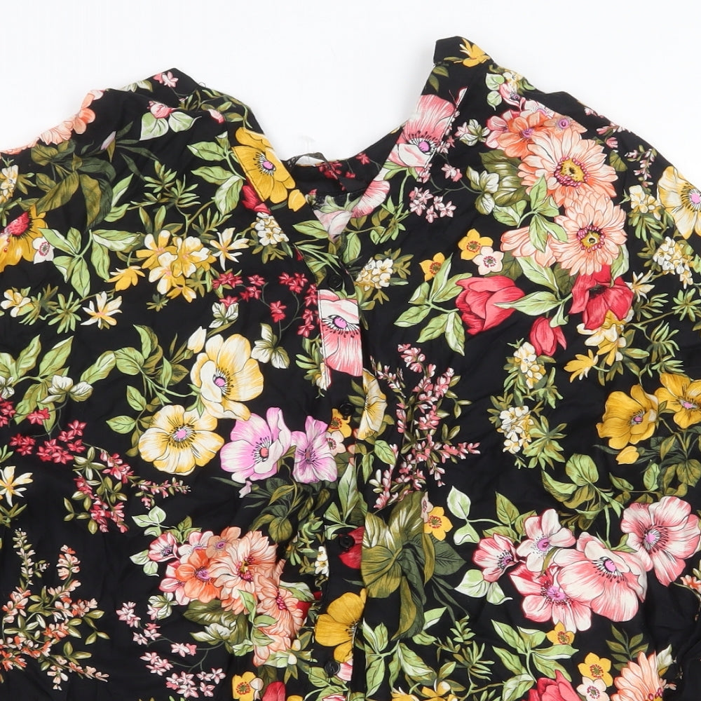 Zanzara Womens Black Floral Polyester Basic Blouse Size M V-Neck