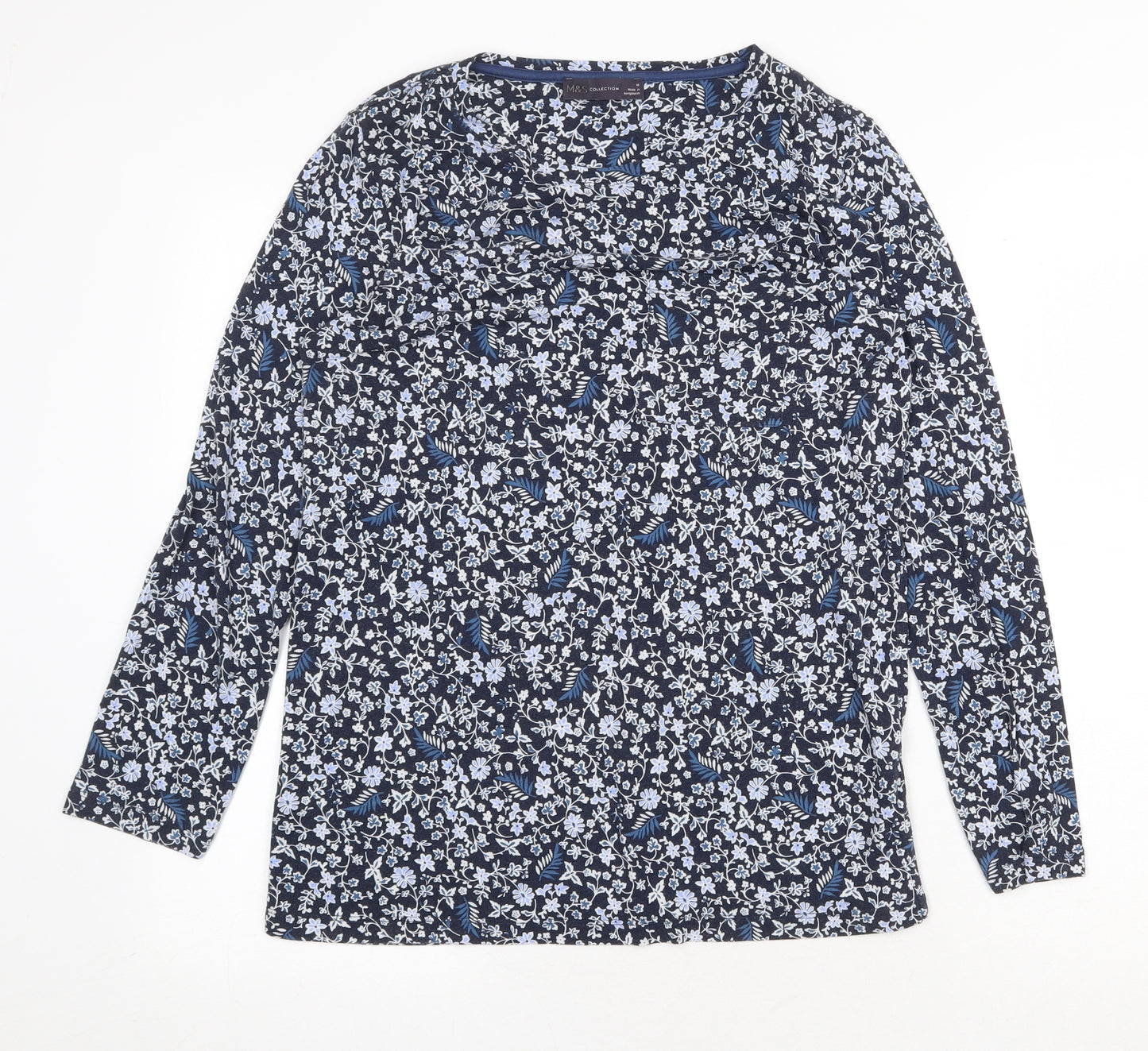Marks and Spencer Womens Blue Floral Viscose Basic Blouse Size 10 Boat Neck