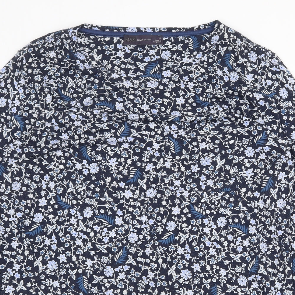Marks and Spencer Womens Blue Floral Viscose Basic Blouse Size 10 Boat Neck