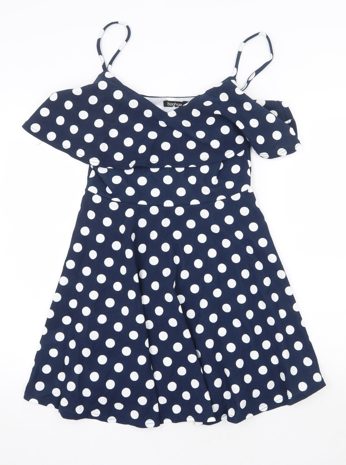 Boohoo Womens Blue Polka Dot Polyester Skater Dress Size 12 V-Neck Pullover