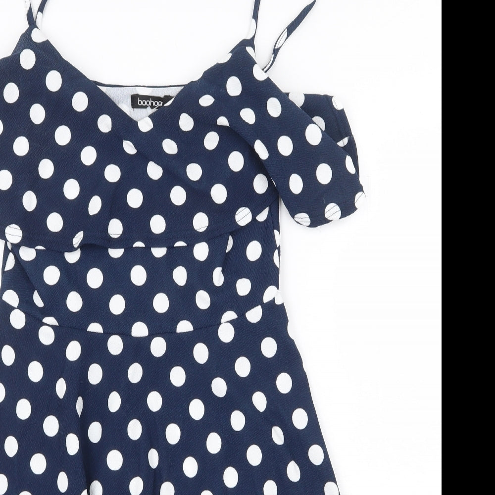 Boohoo Womens Blue Polka Dot Polyester Skater Dress Size 12 V-Neck Pullover