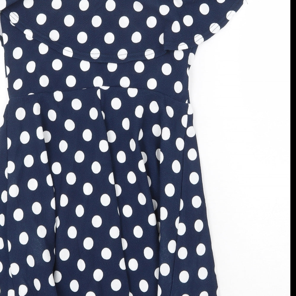 Boohoo Womens Blue Polka Dot Polyester Skater Dress Size 12 V-Neck Pullover