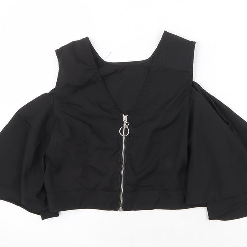Flammode Womens Black Polyester Cropped Blouse Size S V-Neck - Cold Shoulder Angel Sleeve