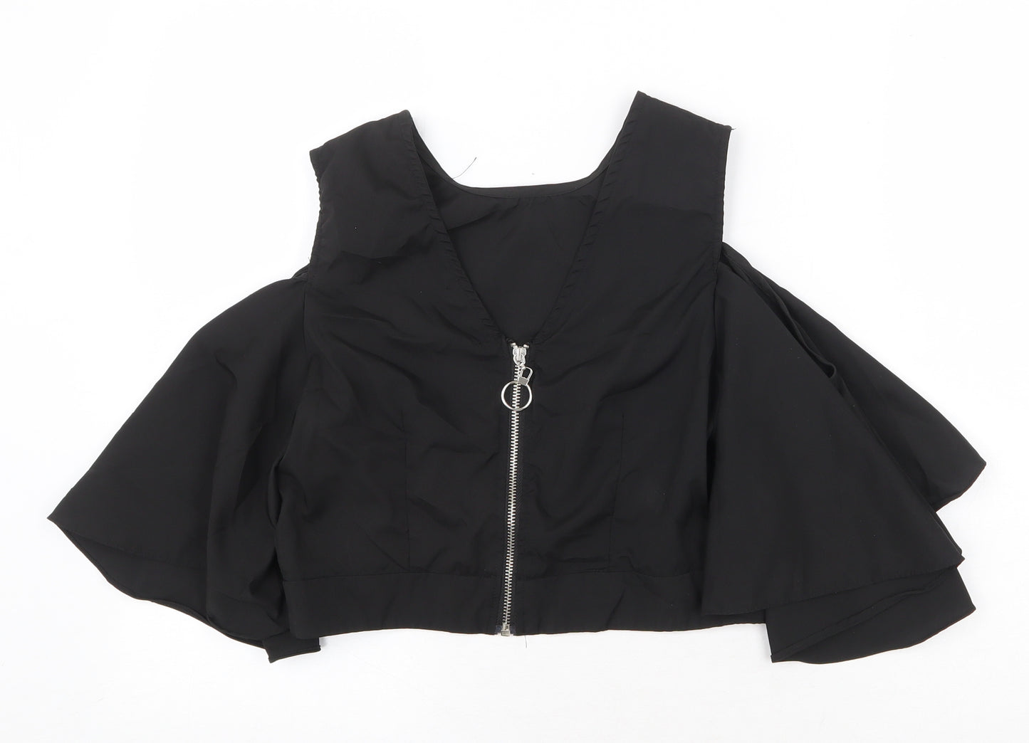 Flammode Womens Black Polyester Cropped Blouse Size S V-Neck - Cold Shoulder Angel Sleeve