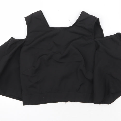 Flammode Womens Black Polyester Cropped Blouse Size S V-Neck - Cold Shoulder Angel Sleeve
