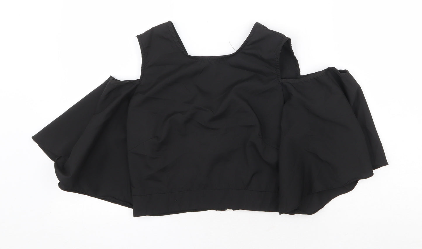 Flammode Womens Black Polyester Cropped Blouse Size S V-Neck - Cold Shoulder Angel Sleeve