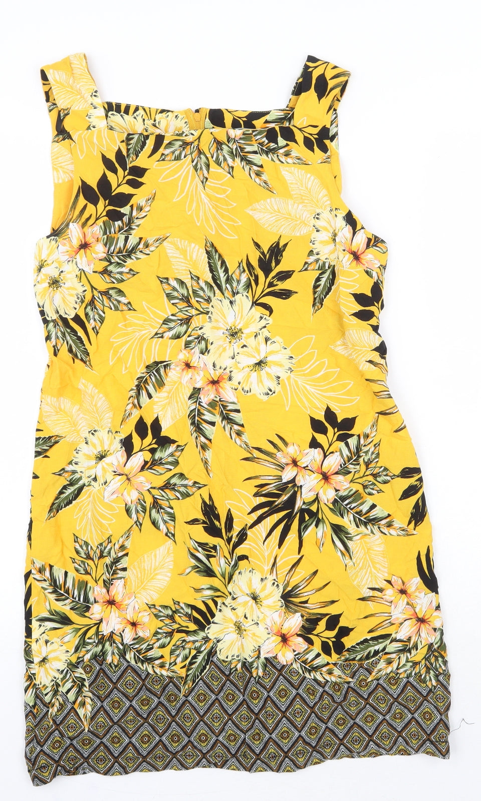 Dorothy Perkins Womens Yellow Floral Viscose Shift Size 10 Square Neck Zip