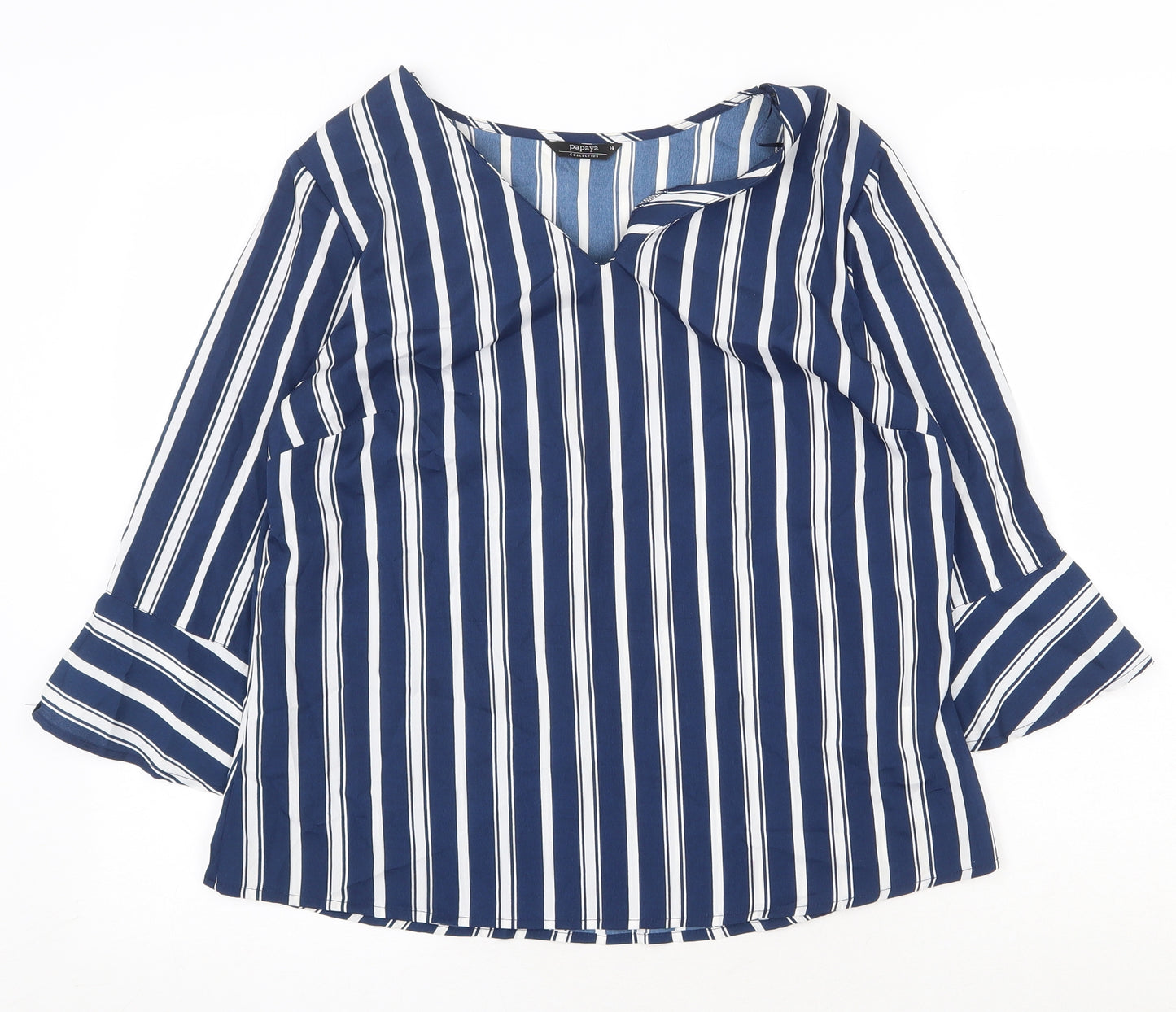 Papaya Womens Blue Striped Polyester Basic Blouse Size 14 V-Neck