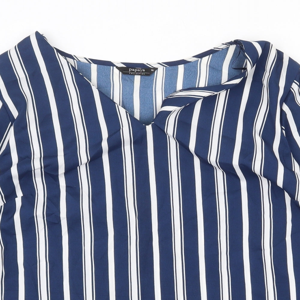 Papaya Womens Blue Striped Polyester Basic Blouse Size 14 V-Neck