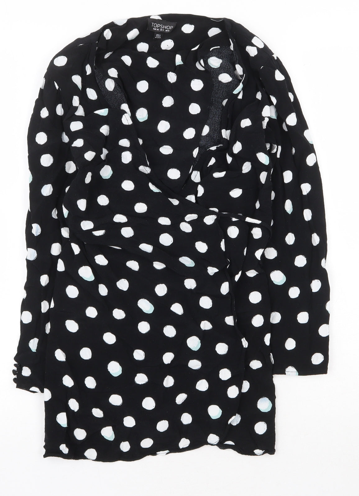 Topshop Womens Black Polka Dot Viscose Wrap Dress Size 8 V-Neck Tie