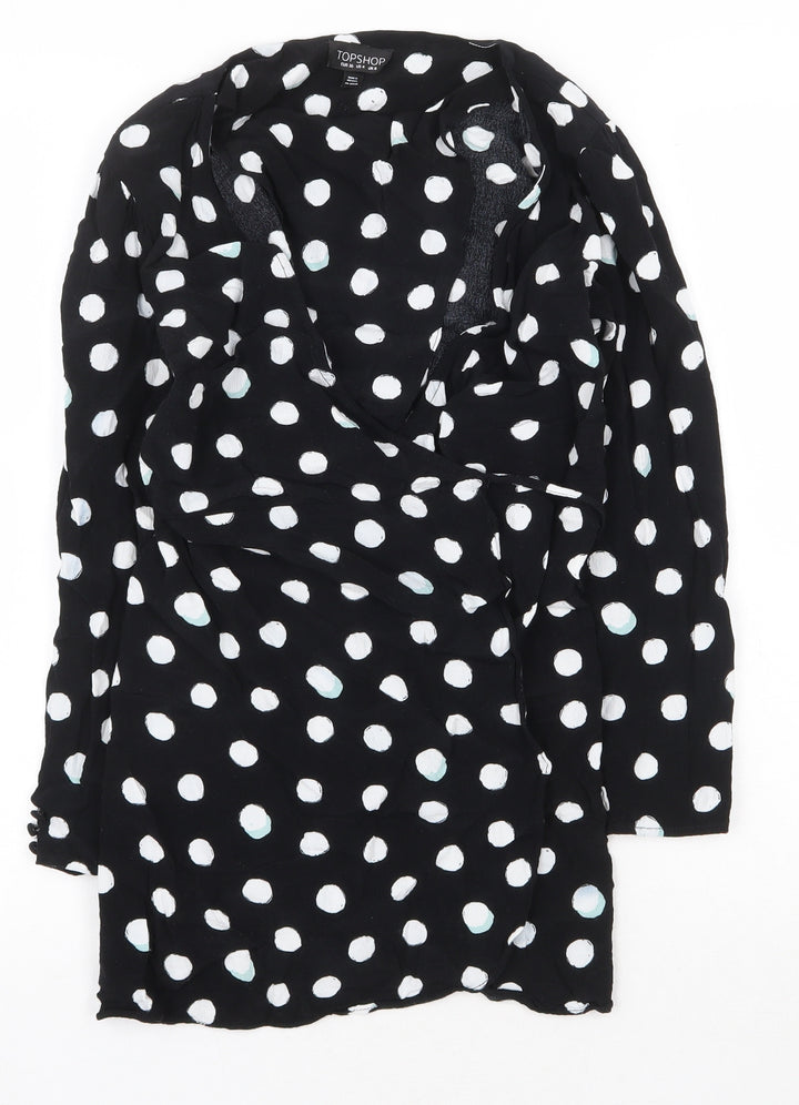 Topshop Womens Black Polka Dot Viscose Wrap Dress Size 8 V-Neck Tie
