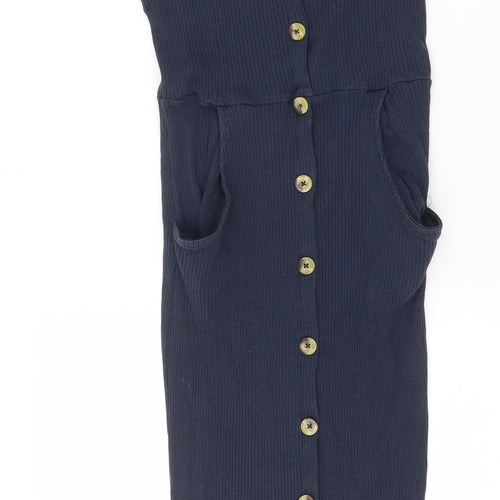 Brave Soul Womens Blue Cotton A-Line Size L Square Neck Button - Ribbed Tie Shoulder Detail