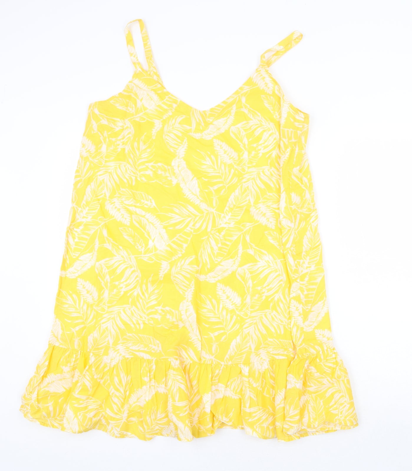 F&F Womens Yellow Geometric 100% Cotton Slip Dress Size 16 V-Neck Pullover - Leaf Pattern