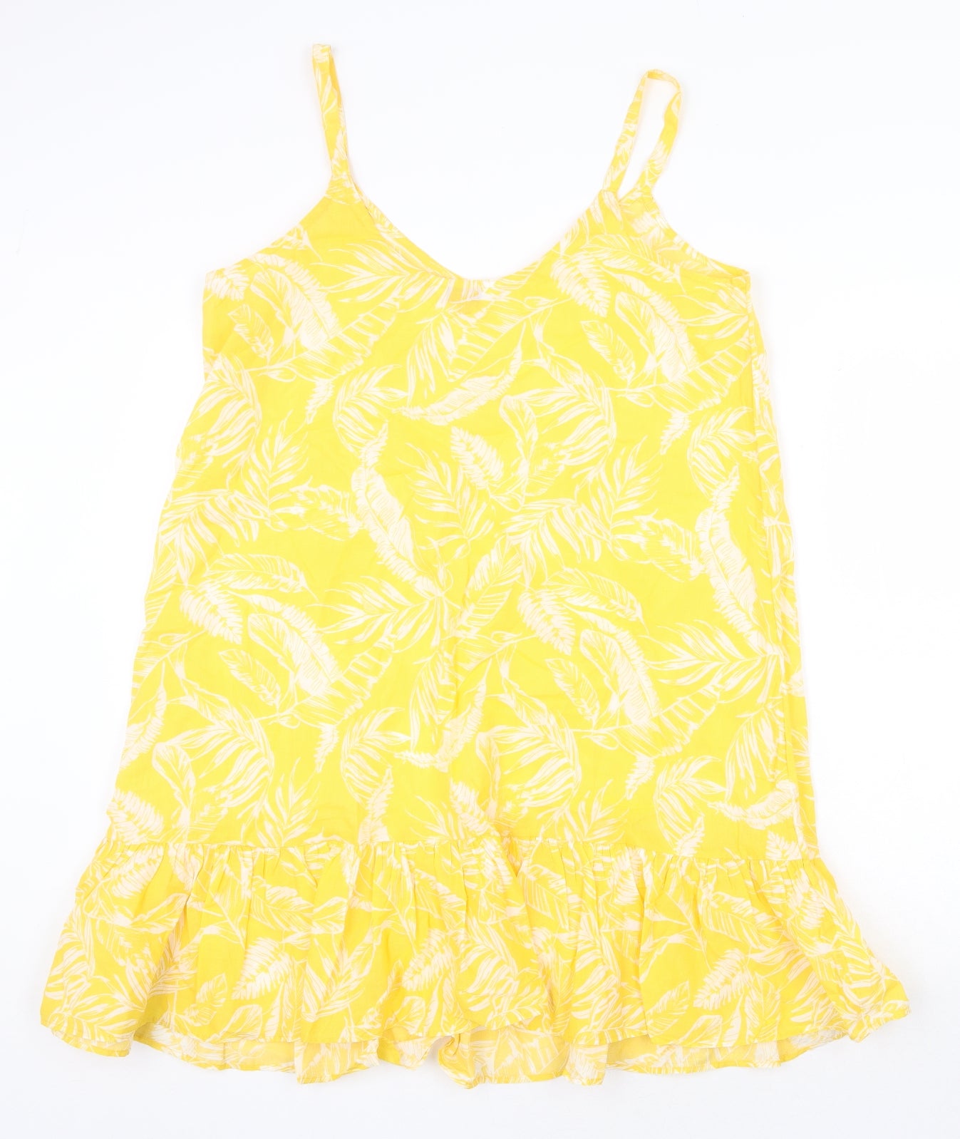 F&F Womens Yellow Geometric 100% Cotton Slip Dress Size 16 V-Neck Pullover - Leaf Pattern