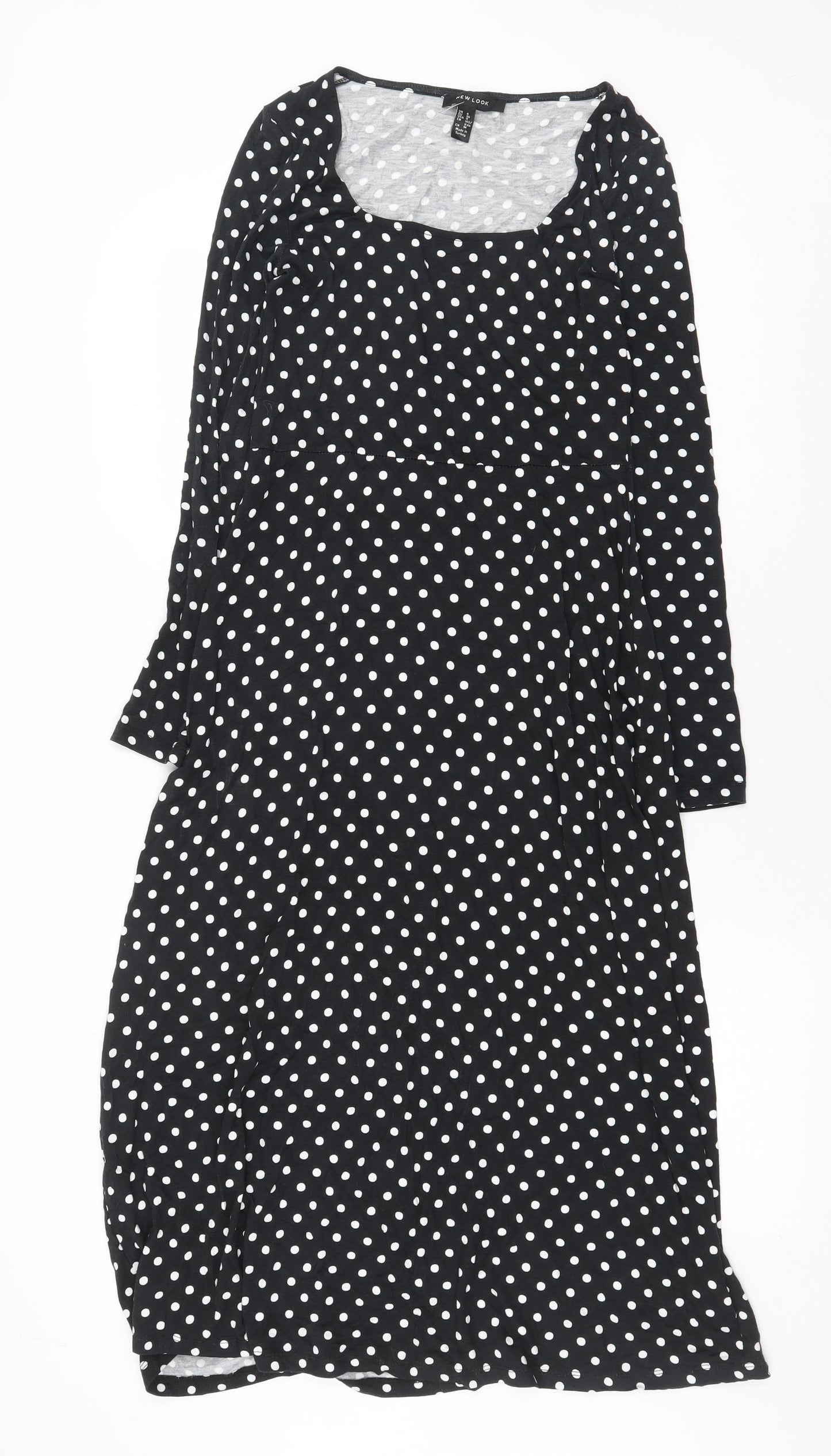 New Look Womens Black Polka Dot Viscose A-Line Size 8 Scoop Neck Pullover