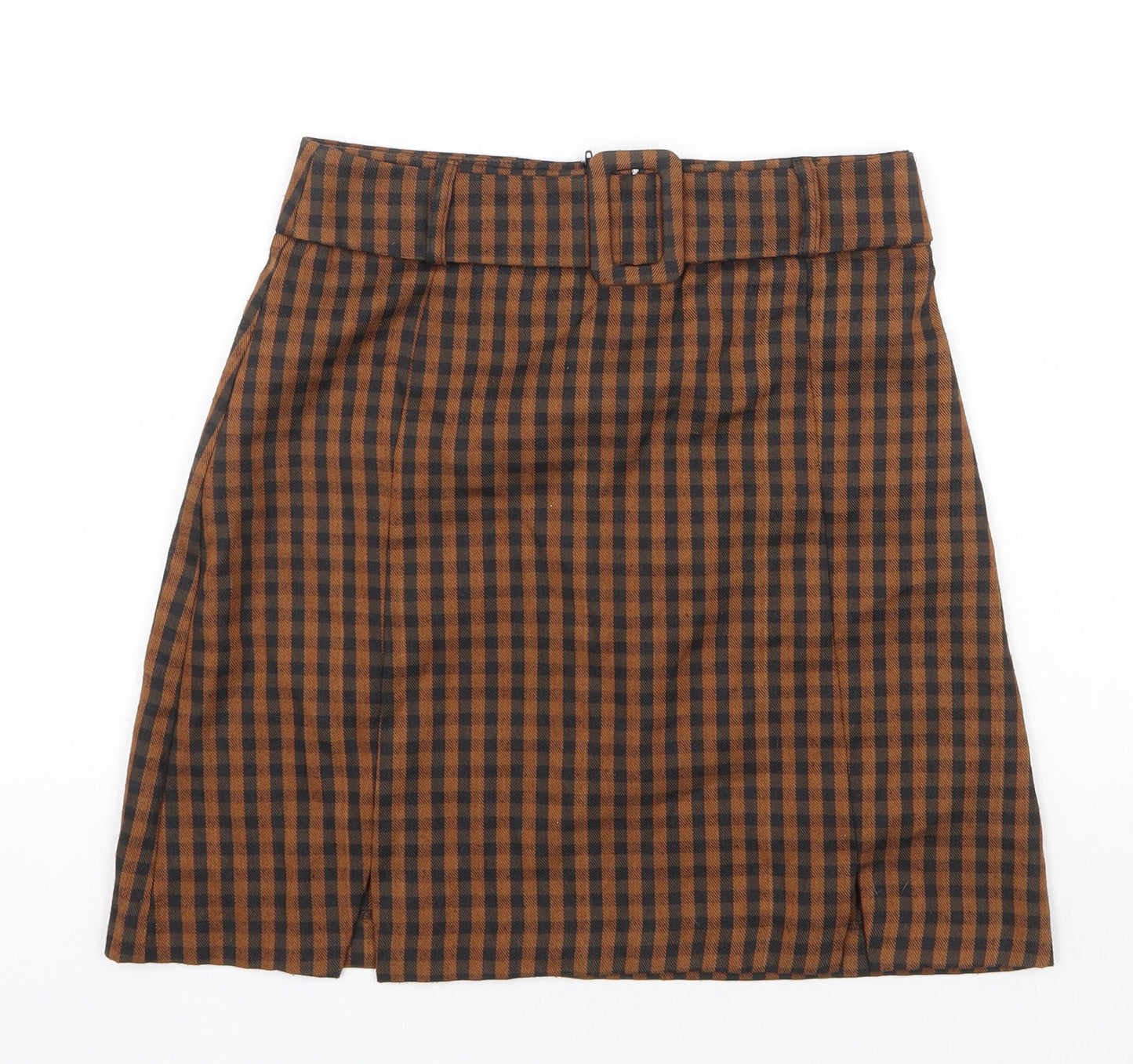 Primark Womens Orange Check Polyester Straight & Pencil Skirt Size 8 Zip - Belt Inlcuded