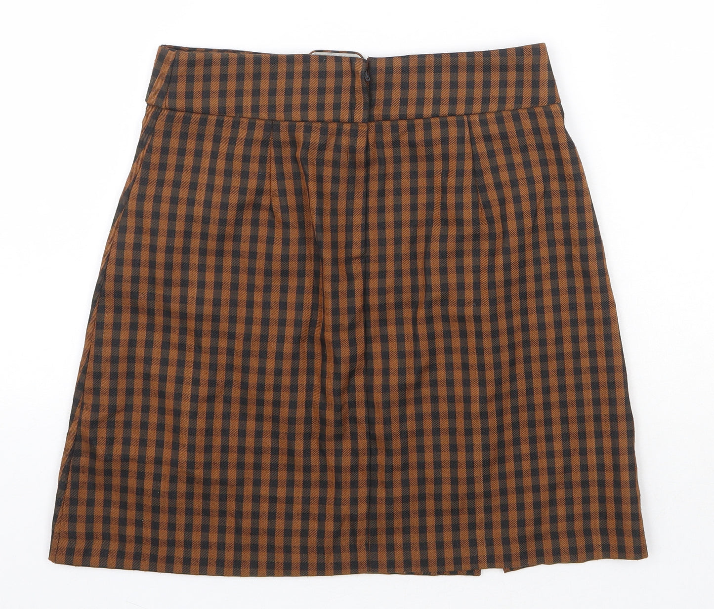 Primark Womens Orange Check Polyester Straight & Pencil Skirt Size 8 Zip - Belt Inlcuded
