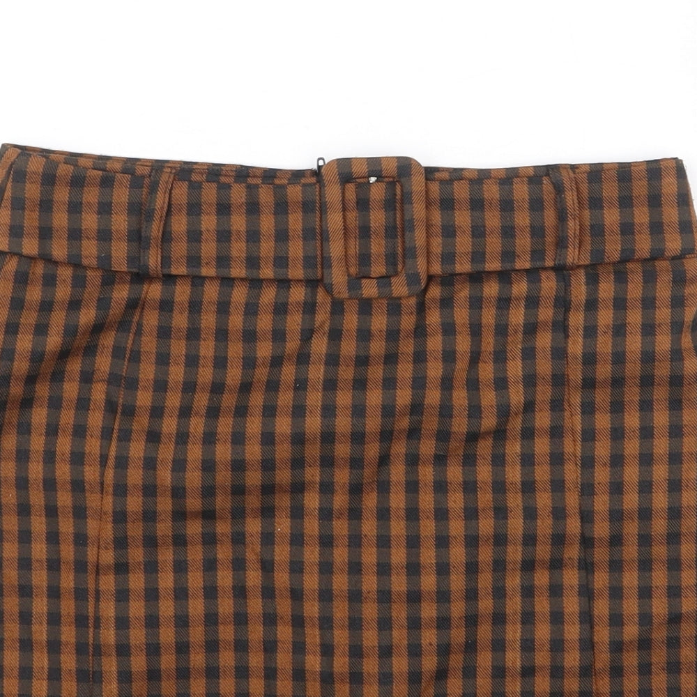 Primark Womens Orange Check Polyester Straight & Pencil Skirt Size 8 Zip - Belt Inlcuded