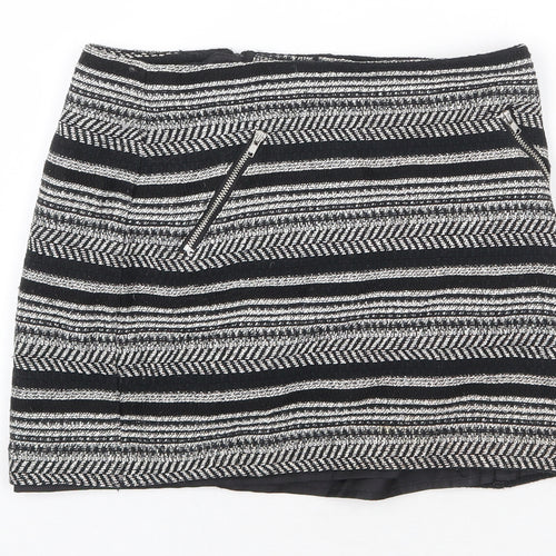 H&M Womens Black Striped Cotton Bandage Skirt Size 10 Zip