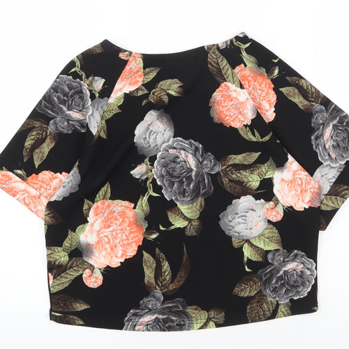Boohoo Womens Black Floral Polyester Cropped T-Shirt Size 10 Boat Neck