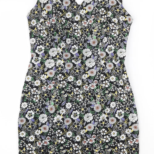 New Look Womens Black Floral 100% Cotton Mini Size 10 V-Neck Zip