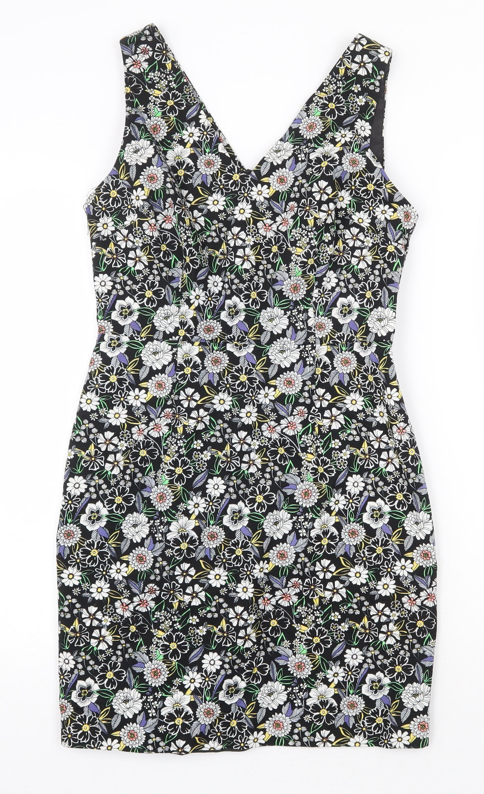 New Look Womens Black Floral 100% Cotton Mini Size 10 V-Neck Zip