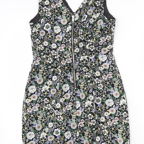 New Look Womens Black Floral 100% Cotton Mini Size 10 V-Neck Zip