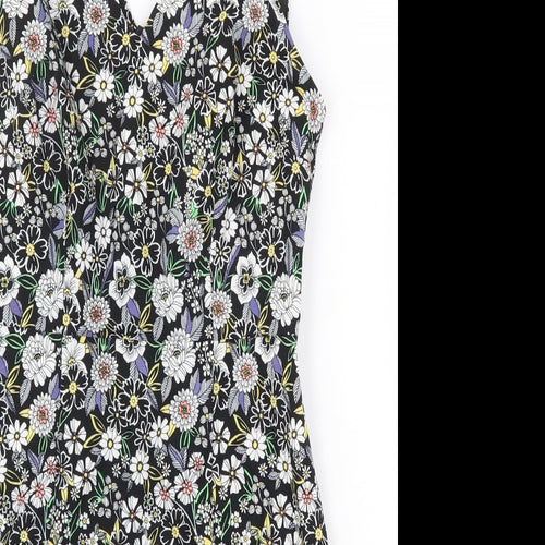 New Look Womens Black Floral 100% Cotton Mini Size 10 V-Neck Zip