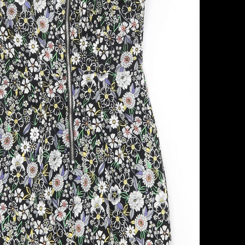 New Look Womens Black Floral 100% Cotton Mini Size 10 V-Neck Zip
