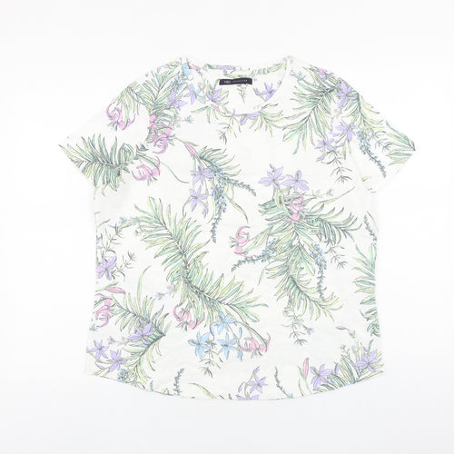 Marks and Spencer Womens White Geometric 100% Cotton Basic T-Shirt Size 14 Round Neck