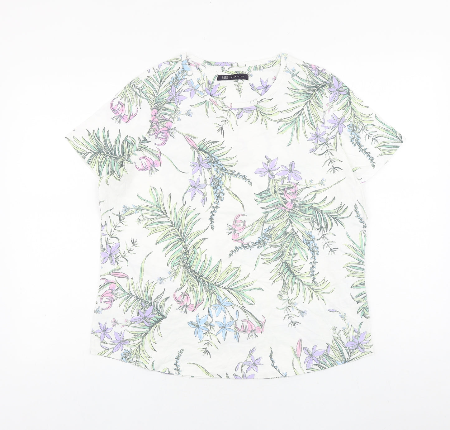 Marks and Spencer Womens White Geometric 100% Cotton Basic T-Shirt Size 14 Round Neck