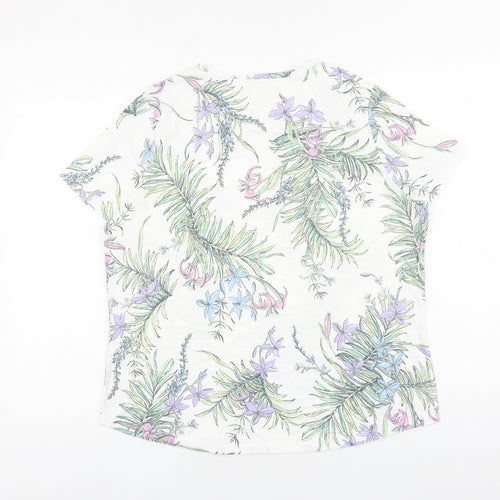 Marks and Spencer Womens White Geometric 100% Cotton Basic T-Shirt Size 14 Round Neck