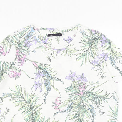 Marks and Spencer Womens White Geometric 100% Cotton Basic T-Shirt Size 14 Round Neck