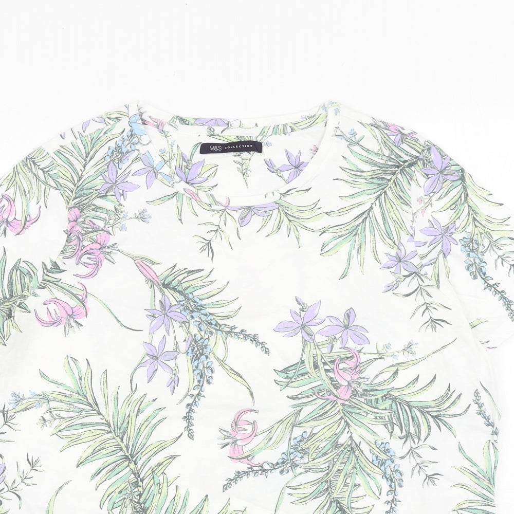 Marks and Spencer Womens White Geometric 100% Cotton Basic T-Shirt Size 14 Round Neck