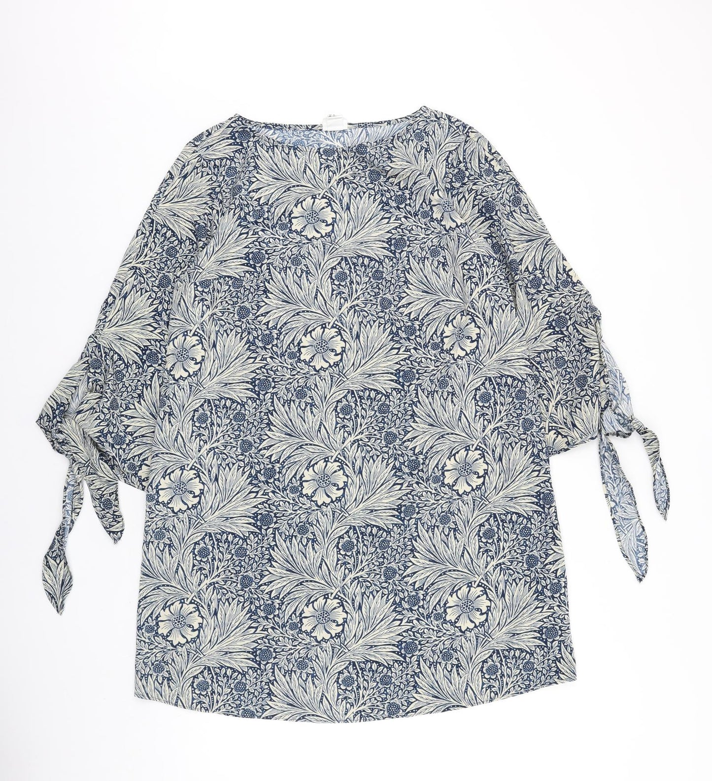H&M Womens Blue Floral Polyester Shift Size 14 Boat Neck Pullover - Tie Sleeve Detail