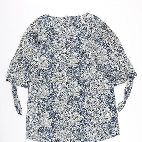 H&M Womens Blue Floral Polyester Shift Size 14 Boat Neck Pullover - Tie Sleeve Detail