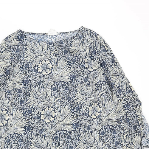 H&M Womens Blue Floral Polyester Shift Size 14 Boat Neck Pullover - Tie Sleeve Detail
