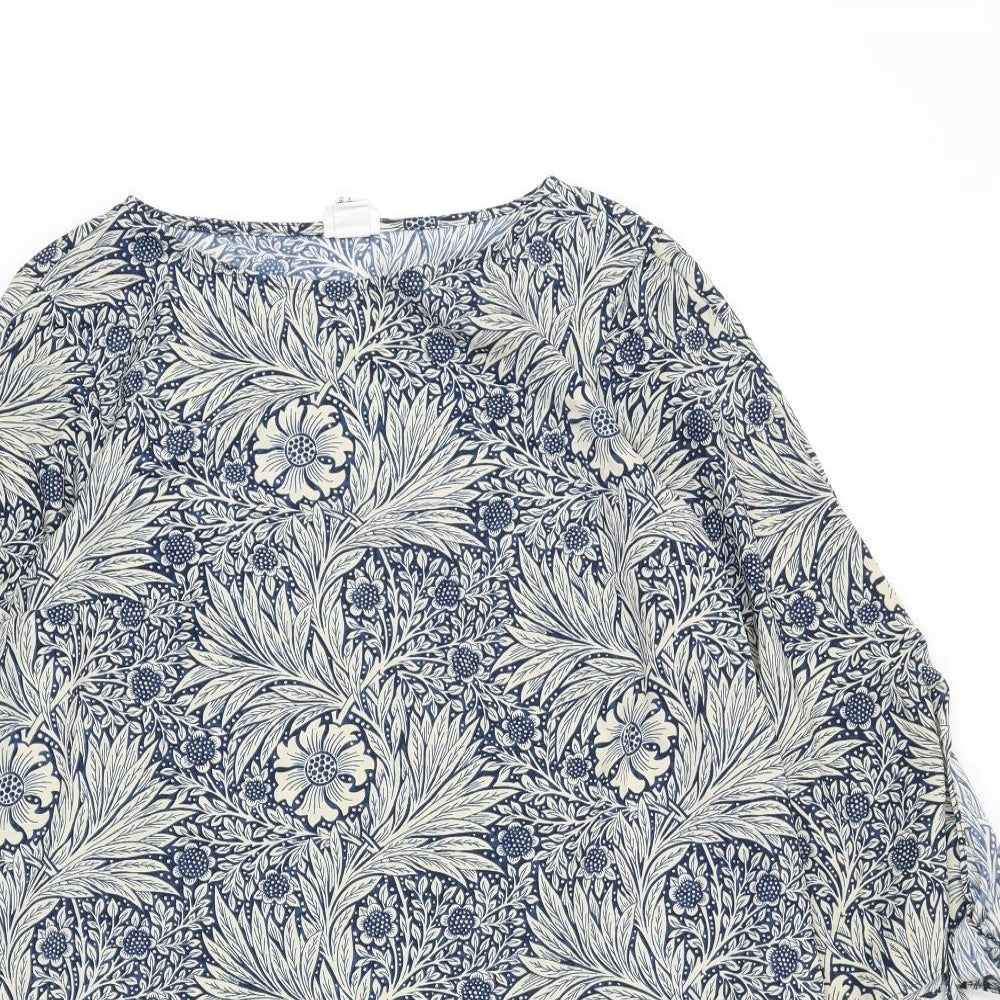 H&M Womens Blue Floral Polyester Shift Size 14 Boat Neck Pullover - Tie Sleeve Detail