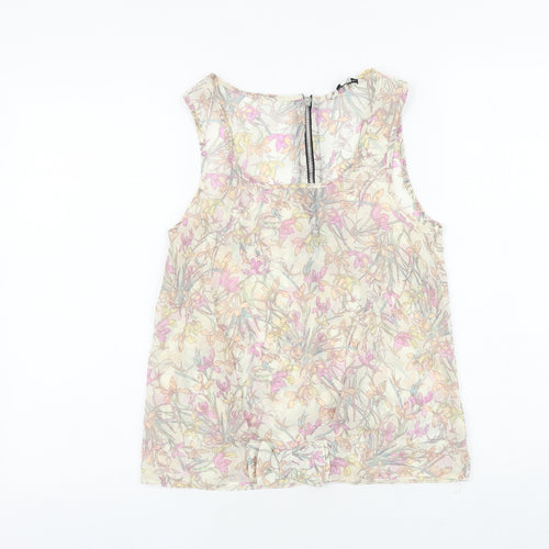 New Look Womens Beige Floral Polyester Basic Tank Size 8 Scoop Neck