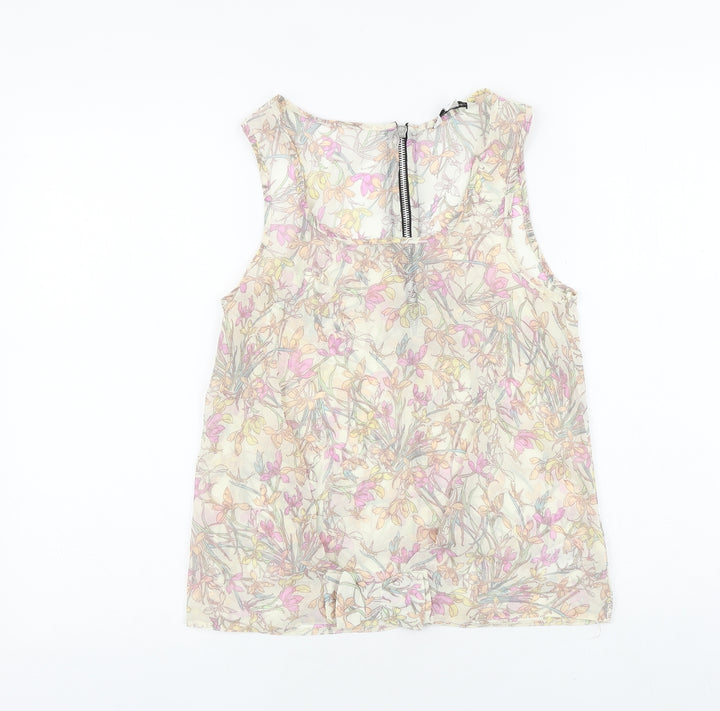 New Look Womens Beige Floral Polyester Basic Tank Size 8 Scoop Neck