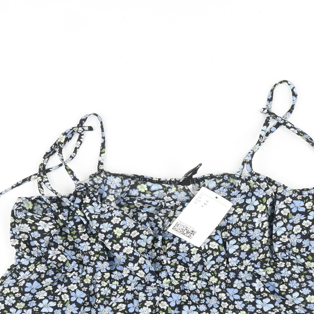 H&M Womens Blue Floral Cotton Cropped Tank Size 12 Round Neck