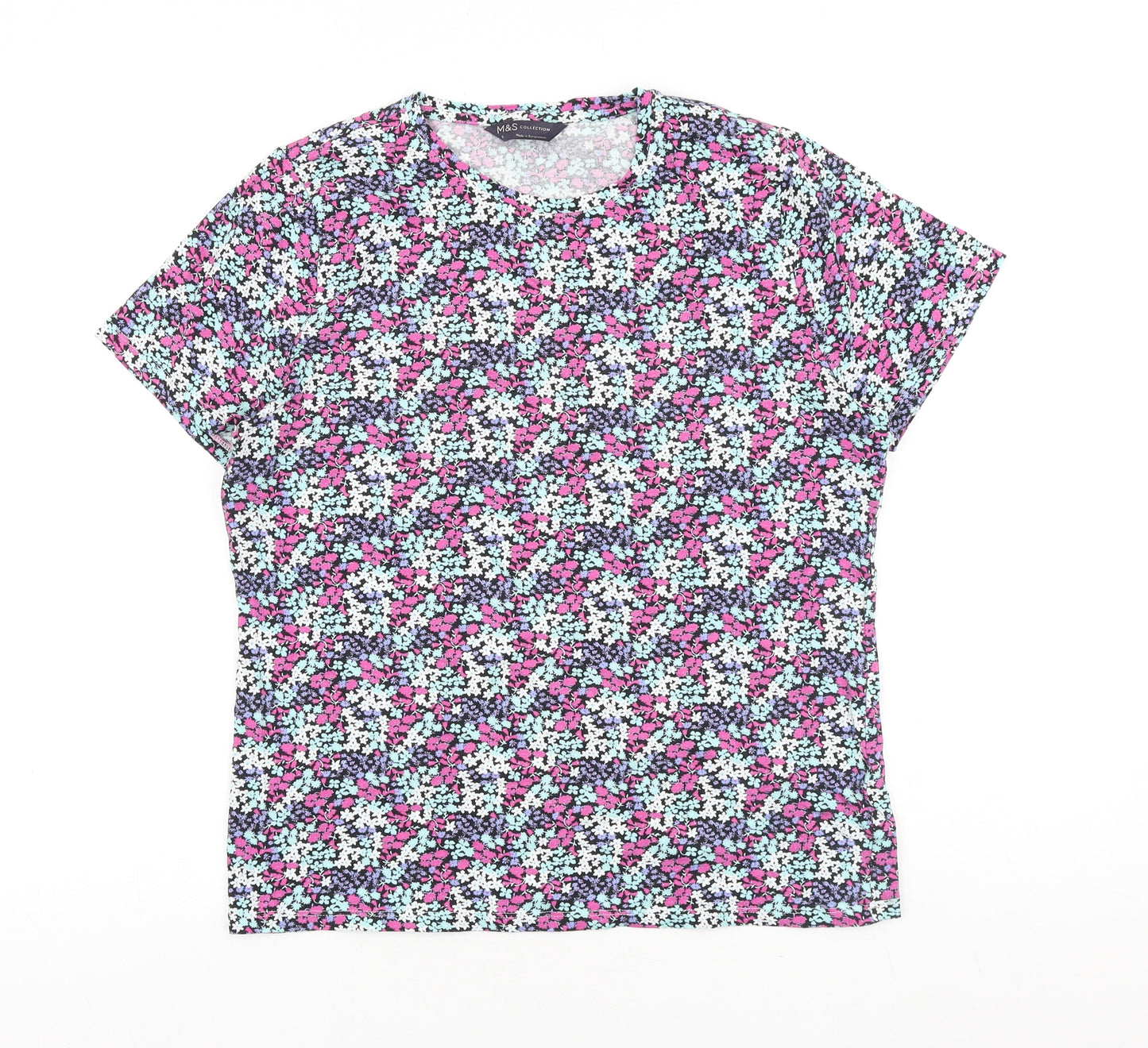 Marks and Spencer Womens Multicoloured Floral 100% Cotton Basic T-Shirt Size 8 Round Neck