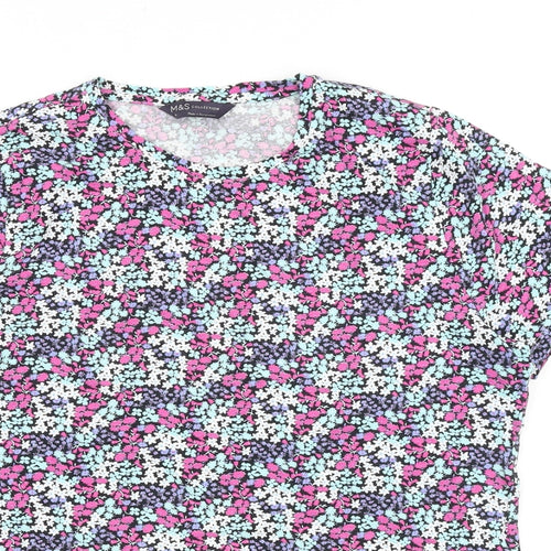 Marks and Spencer Womens Multicoloured Floral 100% Cotton Basic T-Shirt Size 8 Round Neck