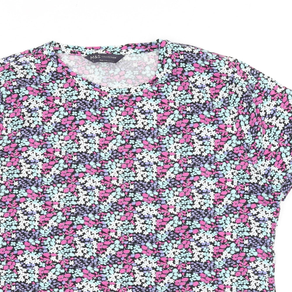 Marks and Spencer Womens Multicoloured Floral 100% Cotton Basic T-Shirt Size 8 Round Neck