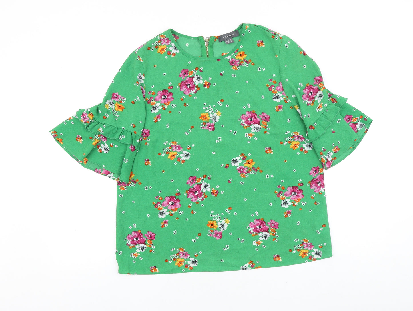 Primark Womens Green Floral Polyester Basic T-Shirt Size 14 Round Neck